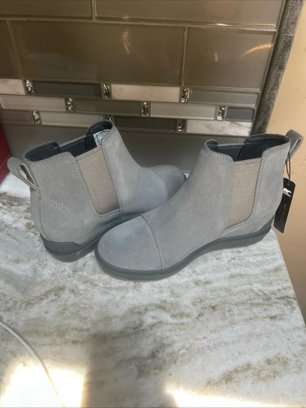 Sorel Evie II Chelsea Women Casual Boots, GREY LEATHER Waterproof Sz 5 New Wedge